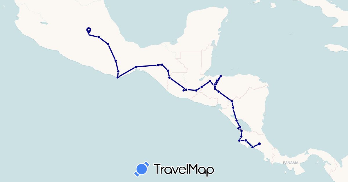 TravelMap itinerary: driving in Costa Rica, Guatemala, Honduras, Mexico, Nicaragua (North America)